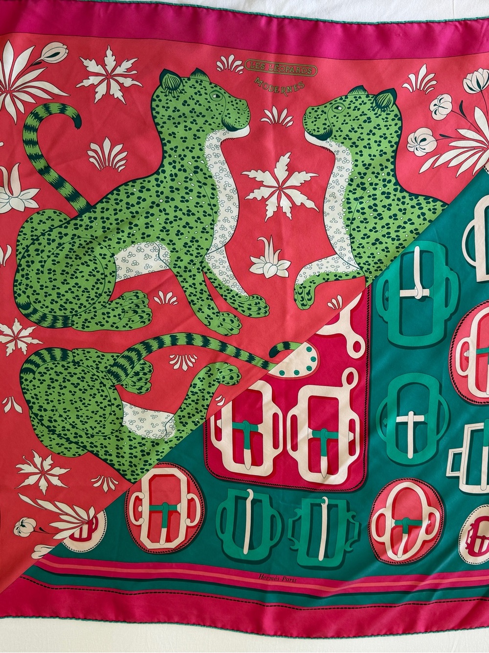 Hermès Les Léopards Modernes Silk Scarf 90 Pink Green